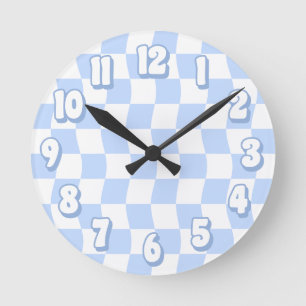 Retro Pastel Blue White Wavy Checker Round Clock