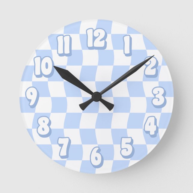 Retro Pastel Blue White Wavy Checker Round Clock (Front)