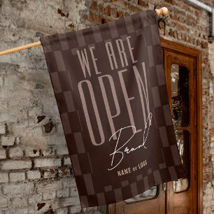 Retro Pastel Brown We Are Open Business Logo Flag