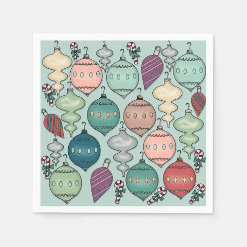 Retro Pastel Christmas Ornaments on Opal Blue Paper Napkins