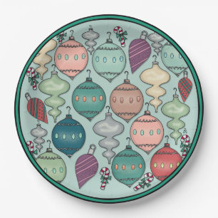 Retro Pastel Christmas Ornaments on Opal Blue Paper Plates
