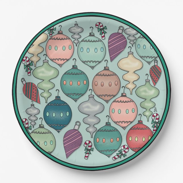 Retro Pastel Christmas Ornaments on Opal Blue Paper Plates (Front)