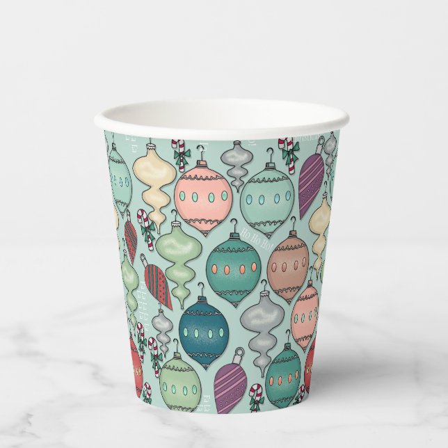 Retro Pastel Christmas Ornaments on Teal Paper Cups (Front)