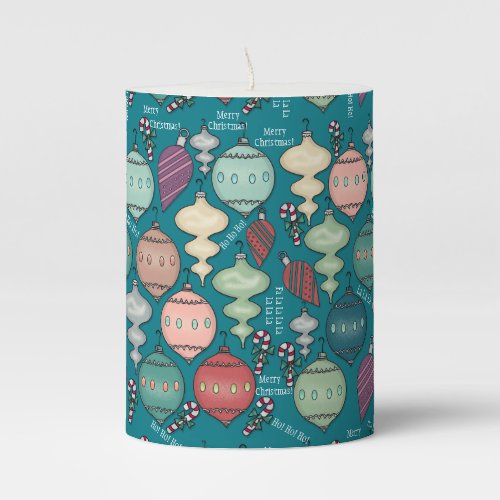 Retro Pastel Christmas Ornaments on Teal Pillar Candle