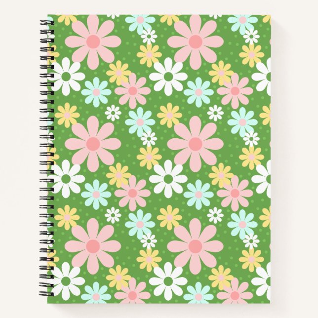 Retro Pastel Daisy Flowers with Polkadots Notebook (Front)