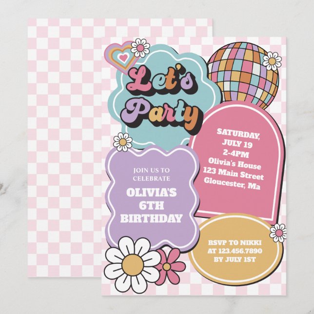 Retro pastel disco ball and daisy Birthday Invitation (Front/Back)