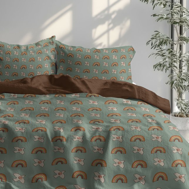 Retro Pastel Duvet 70s Groovy Earthy Pastel Green (Retro Pastel Duvet 70s Groovy Earthy Pastel Green)