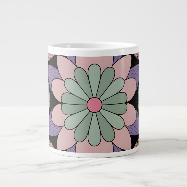 Retro Pastel Floral Mandala Symmetry Giant Coffee Mug (Front)