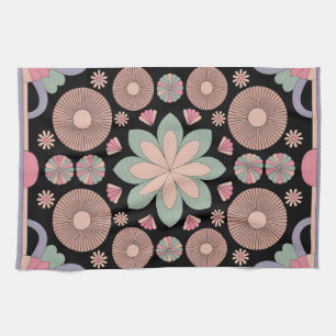 Retro Pastel Floral Mandala Symmetry Kitchen Towel