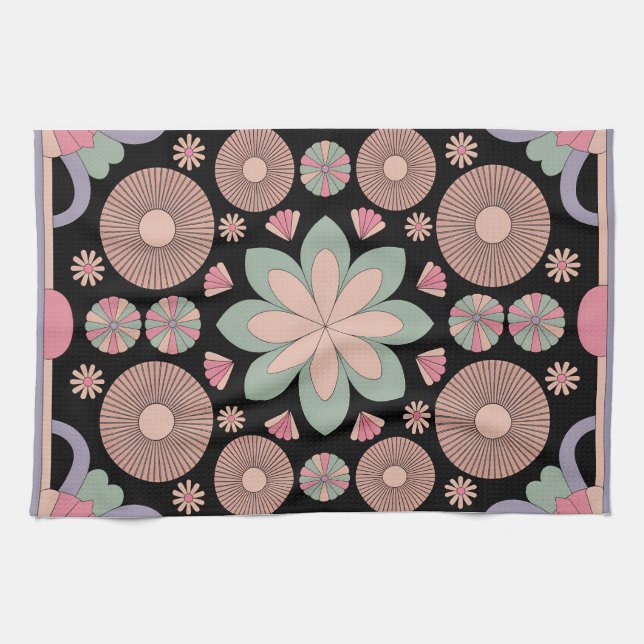 Retro Pastel Floral Mandala Symmetry Kitchen Towel (Horizontal)