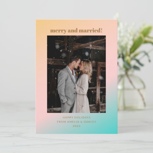 Retro Pastel Gradient Merry Married Wedding Photo Holiday Card