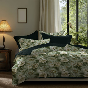 Retro pastel green sage and ivory flowers duvet c cover