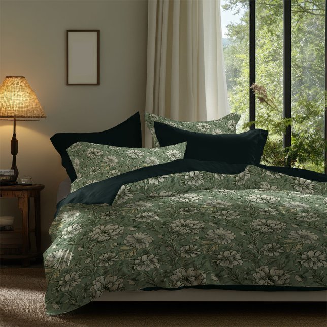 Retro pastel green sage and ivory flowers  duvet cover (Retro pastel green sage and ivory flowers duvet cover)