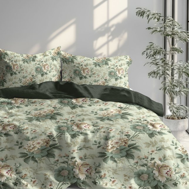 Retro pastel green sage and ivory white flowers  duvet cover (Retro pastel green sage and ivory white flowers duvet cover)