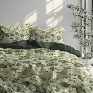 Retro pastel green sage and white flowers duvet cover