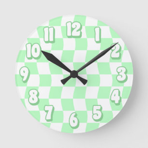 Retro Pastel Green White Wavy Checker Pattern Round Clock