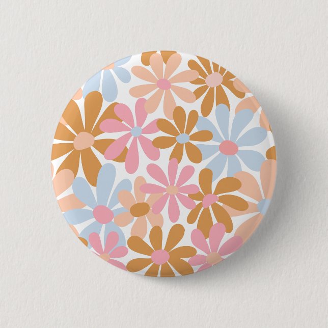 Retro Pastel Groovy Daisy Flower Pattern Button (Front)