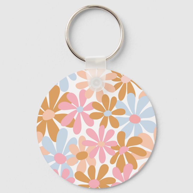 Retro Pastel Groovy Daisy Flower Pattern Keychain (Front)