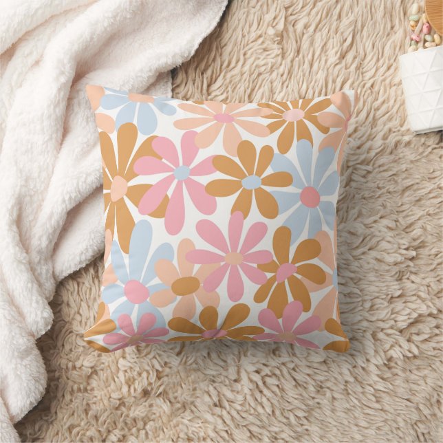 Retro Pastel Groovy Daisy Flower Pattern Throw Pillow (Blanket)