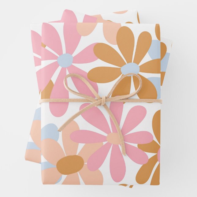 Retro Pastel Groovy Daisy Flower Pattern Wrapping Paper Sheets (In situ)
