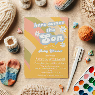 Retro Pastel Groovy Here Comes The Son Baby Shower Invitation