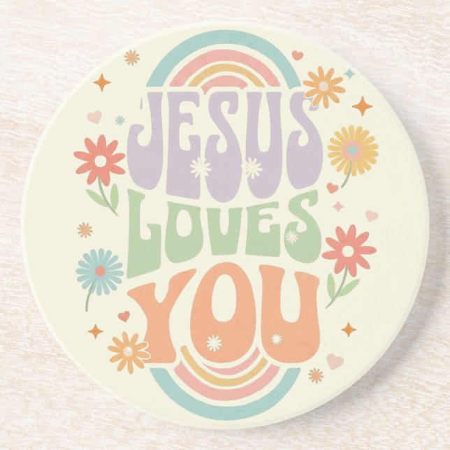 Retro Pastel “Jesus Loves You” Christian Design –  Coaster (Front)