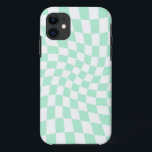 Retro Pastel Mint Green Checks Warped Checkerboard iPhone 11 Case<br><div class="desc">Perfect warped checkered design. Modern warped checkers. This nice retro psychedelic design takes you to the wonderland. Warped checks in pastel colors. Twirl and swirl,  twist checks,  checkered pattern</div>