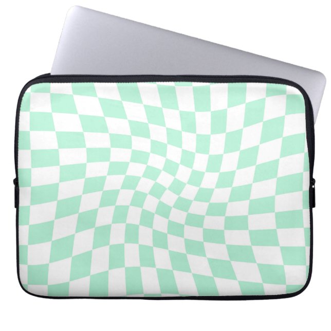 Retro Pastel Mint Green Checks Warped Checkerboard Laptop Sleeve (Front)