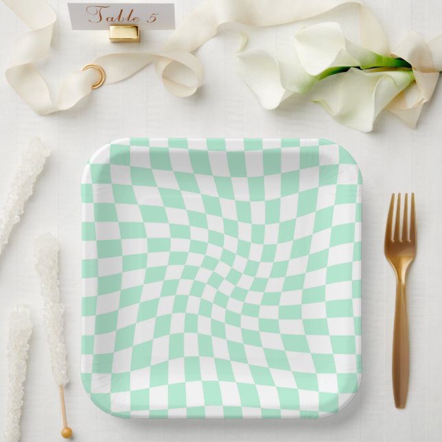 Retro Pastel Mint Green Checks Warped Checkerboard Paper Plates (Wedding)