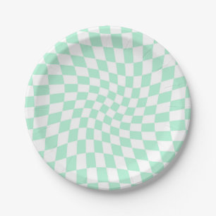 Retro Pastel Mint Green Checks Warped Checkerboard Paper Plates