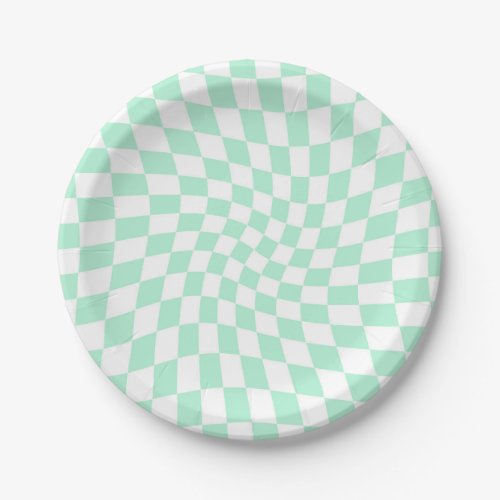 Retro Pastel Mint Green Checks Warped Checkerboard Paper Plates
