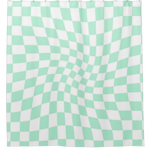 Retro Pastel Mint Green Checks Warped Checkerboard Shower Curtain