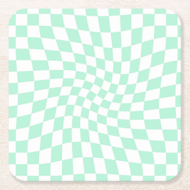 Retro Pastel Mint Green Checks Warped Checkerboard Square Paper Coaster (Front)