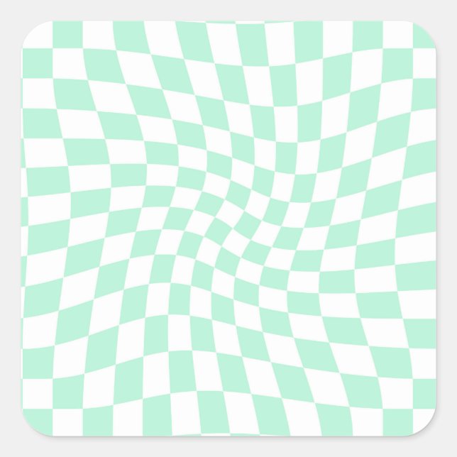 Retro Pastel Mint Green Checks Warped Checkerboard Square Sticker (Front)