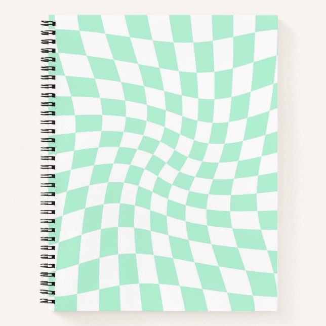 Retro Pastel Mint Green Checks Warped Checkered Notebook (Front)