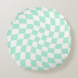 Retro Pastel Mint Green Checks Warped Checkered   Round Pillow