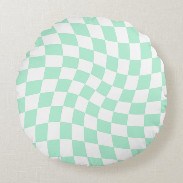 Retro Pastel Mint Green Checks Warped Checkered   Round Pillow (Front)