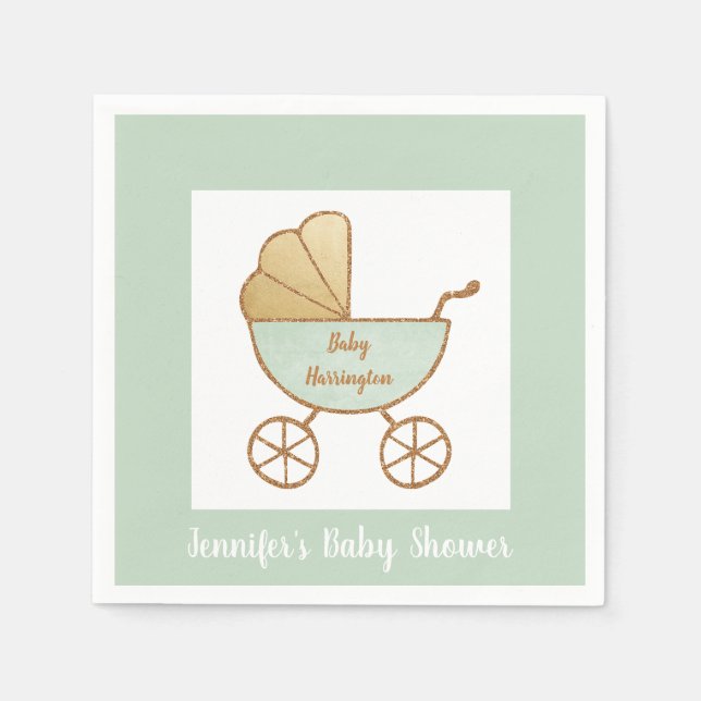 Retro Pastel Mint Green White Carriage Baby Shower Napkins (Front)