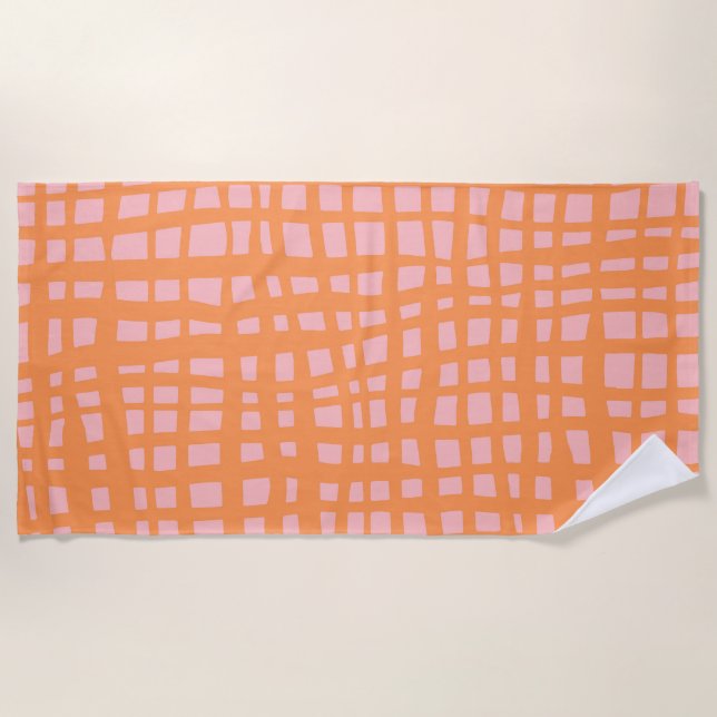 Retro pastel orange and pink grid pattern beach towel (Front)