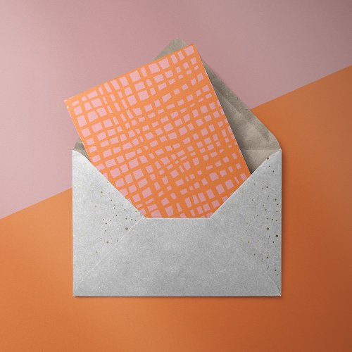 Retro pastel orange and pink grid pattern holiday postcard