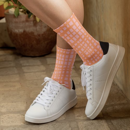 Retro pastel orange and pink grid pattern socks