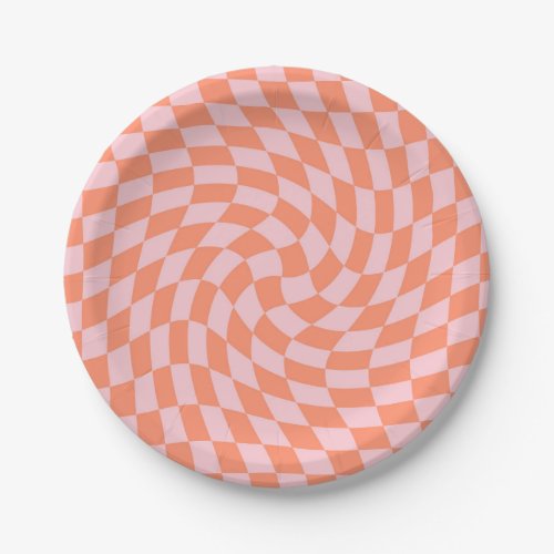 Retro Pastel Peach Checks Warped Checkerboard  Paper Plates