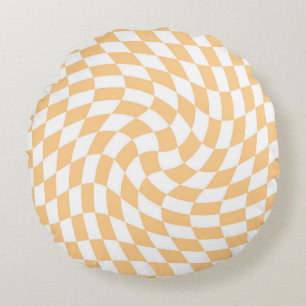 Retro Pastel Peach White Warped Check Checkered   Round Pillow