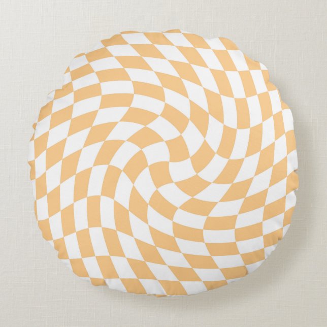 Retro Pastel Peach White Warped Check Checkered   Round Pillow (Front)