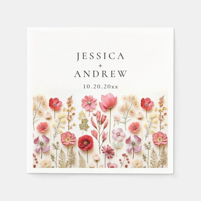 Retro Pastel Pink Bohemian Wildflower Wedding Napkins (Front)