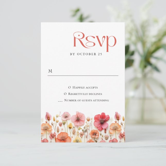 Retro Pastel Pink Boho Wild Flowers Wedding RSVP Card (Standing Front)