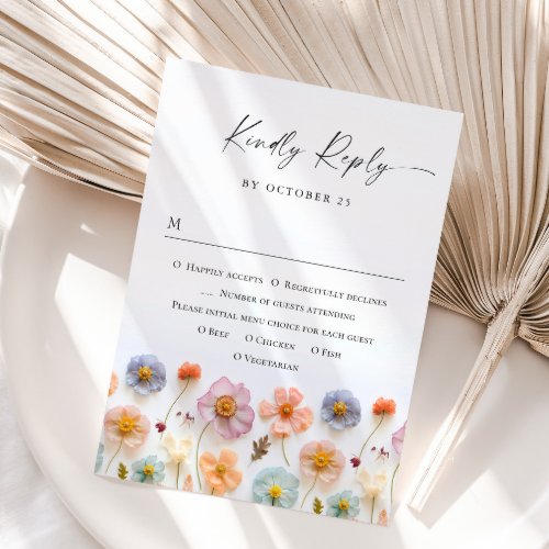 Retro Pastel Pink Boho Wild Flowers Wedding RSVP Card