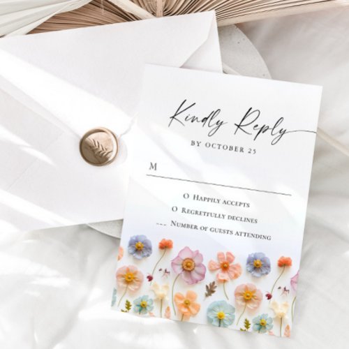 Retro Pastel Pink Boho Wild Flowers Wedding RSVP Card