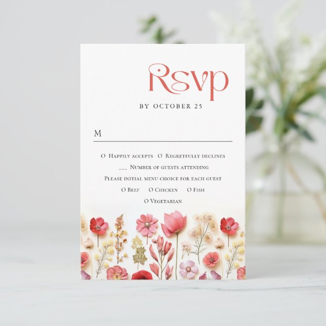 Retro Pastel Pink Boho Wild Flowers Wedding RSVP Card (Standing Front)