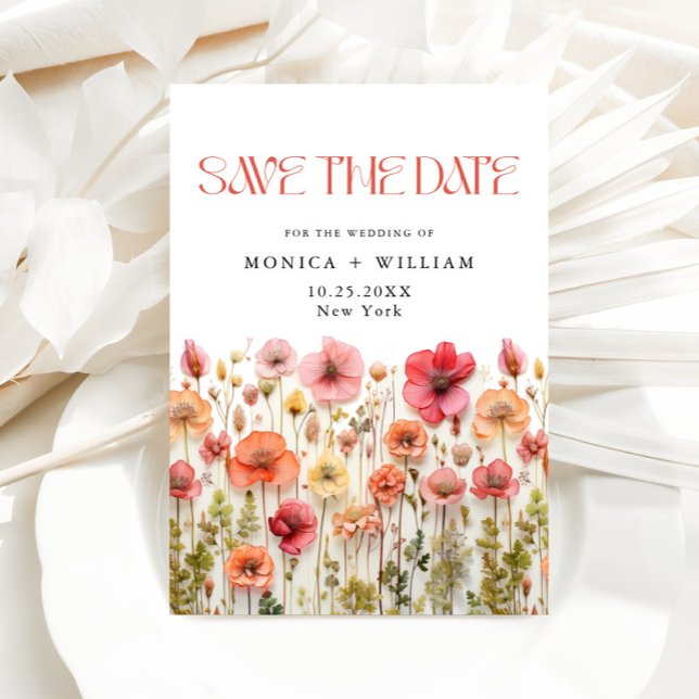 Retro Pastel Pink Boho Wild Flowers Wedding Save The Date (Creator Uploaded)